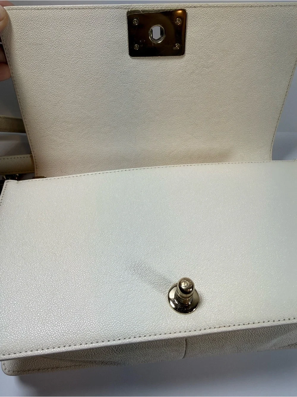 CHANEL MEDIUM cream Chevron Quilted Boy Crossbody with Gold Hardware in Caviar